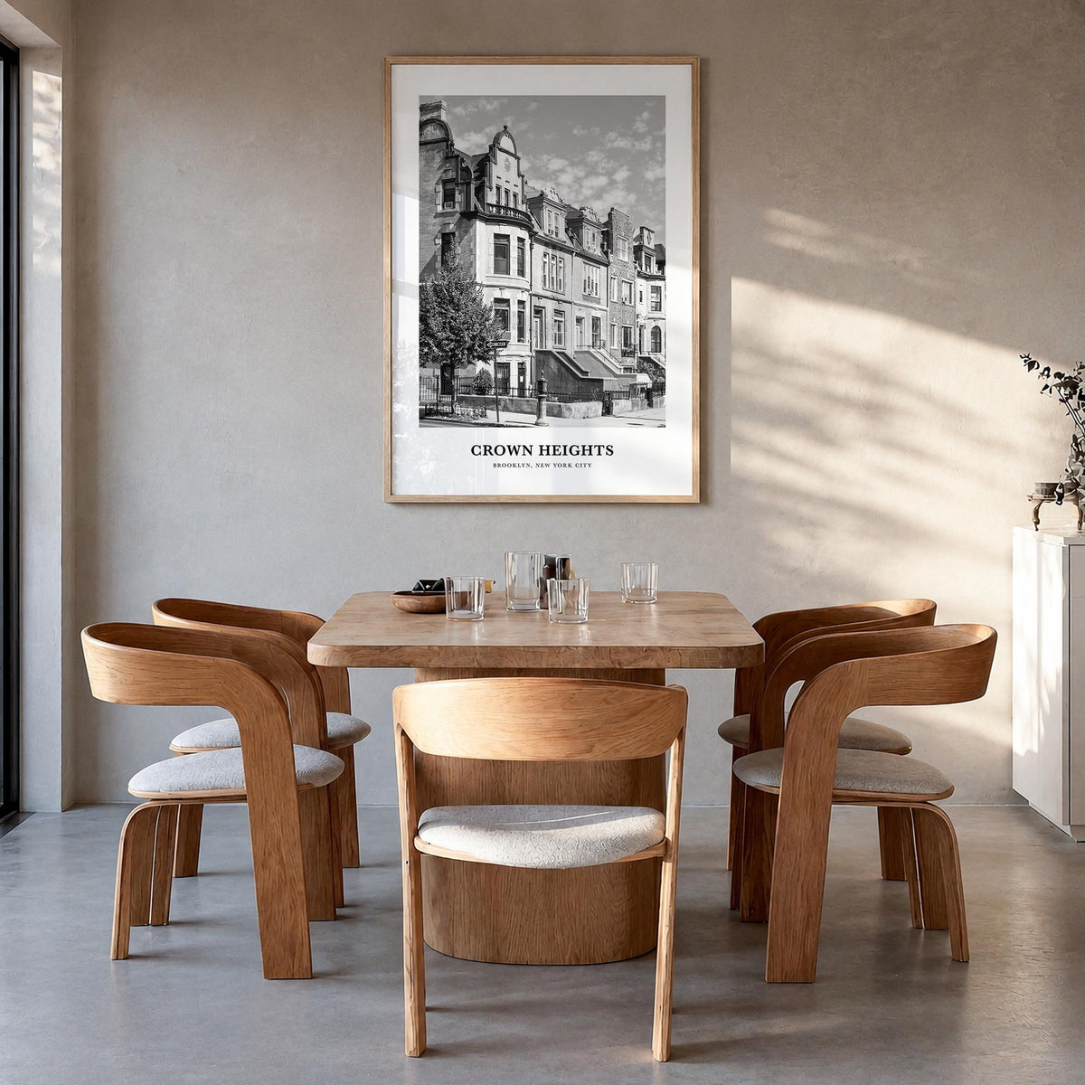 Crown Heights black & white classic poster of Brooklyn, New York City – vertical wall art in natural wood frame, hanging on w
