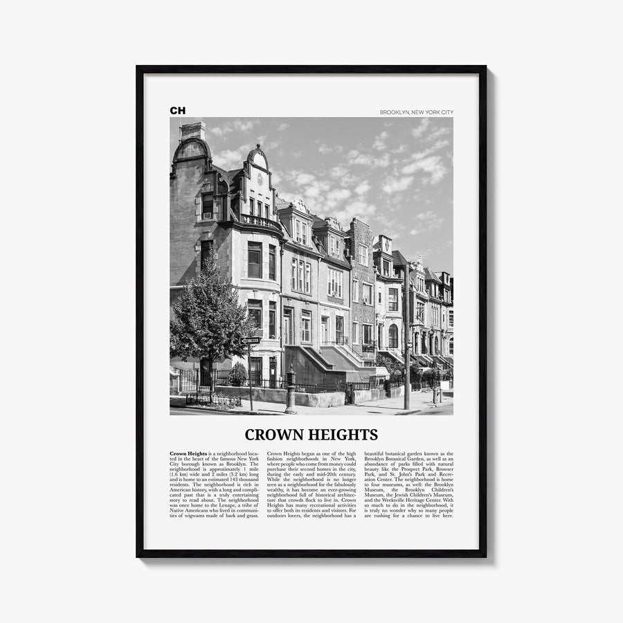 Crown Heights black & white newspaper poster of Brooklyn, New York City – vertical wall art, unframed print shown in interior
