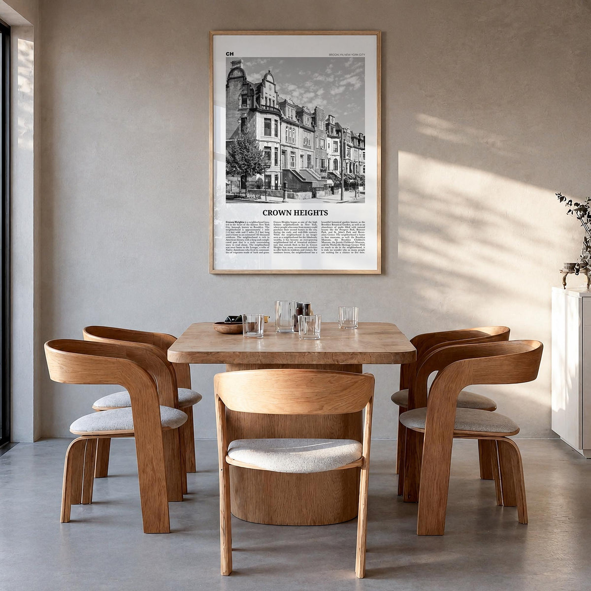 Crown Heights black & white newspaper poster of Brooklyn, New York City – vertical wall art in natural wood frame, hanging on