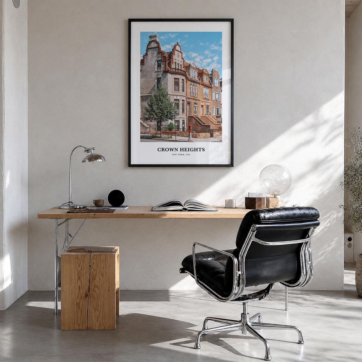 Crown Heights colorful classic poster of Brooklyn, New York City – vertical wall art in black wood frame, hanging on wall