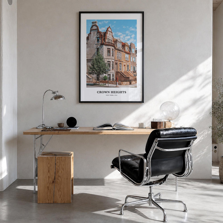 Crown Heights colorful classic poster of Brooklyn, New York City – vertical wall art in black wood frame, hanging on wall