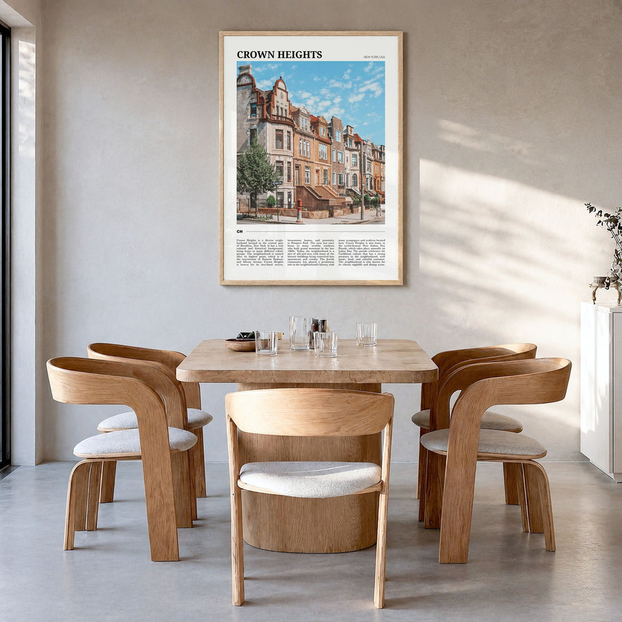 Crown Heights Travel Poster in a natural wood frame, hanging in a dining room