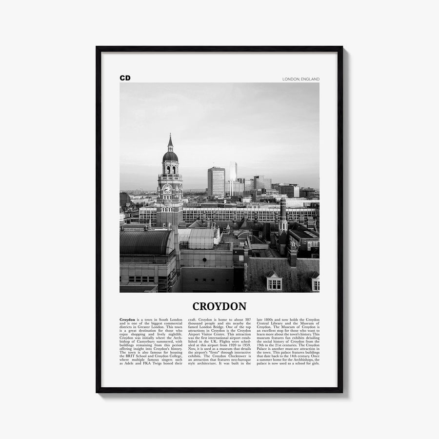Croydon black & white newspaper poster of United Kingdom – vertical wall art, unframed print shown in interior mockup