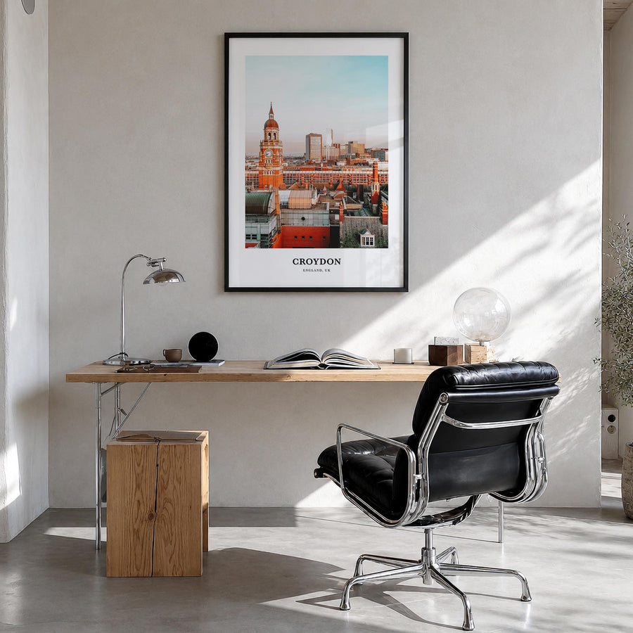 Croydon colorful classic poster of United Kingdom – vertical wall art in black wood frame, hanging on wall