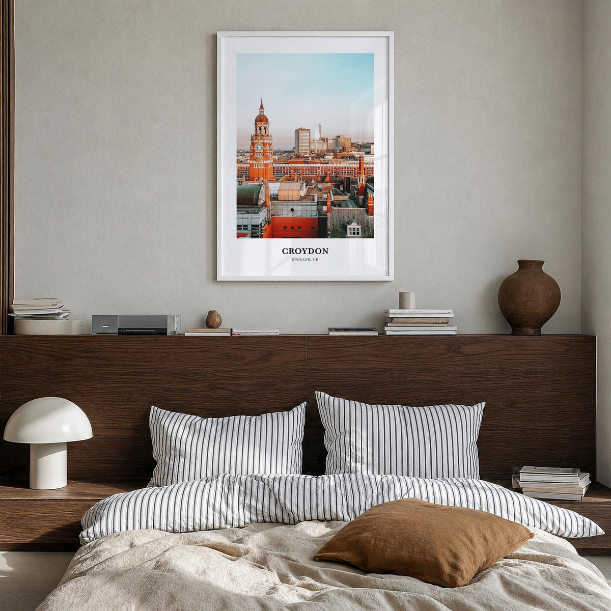 Croydon colorful classic poster of United Kingdom – vertical wall art in white wood frame, hanging on wall