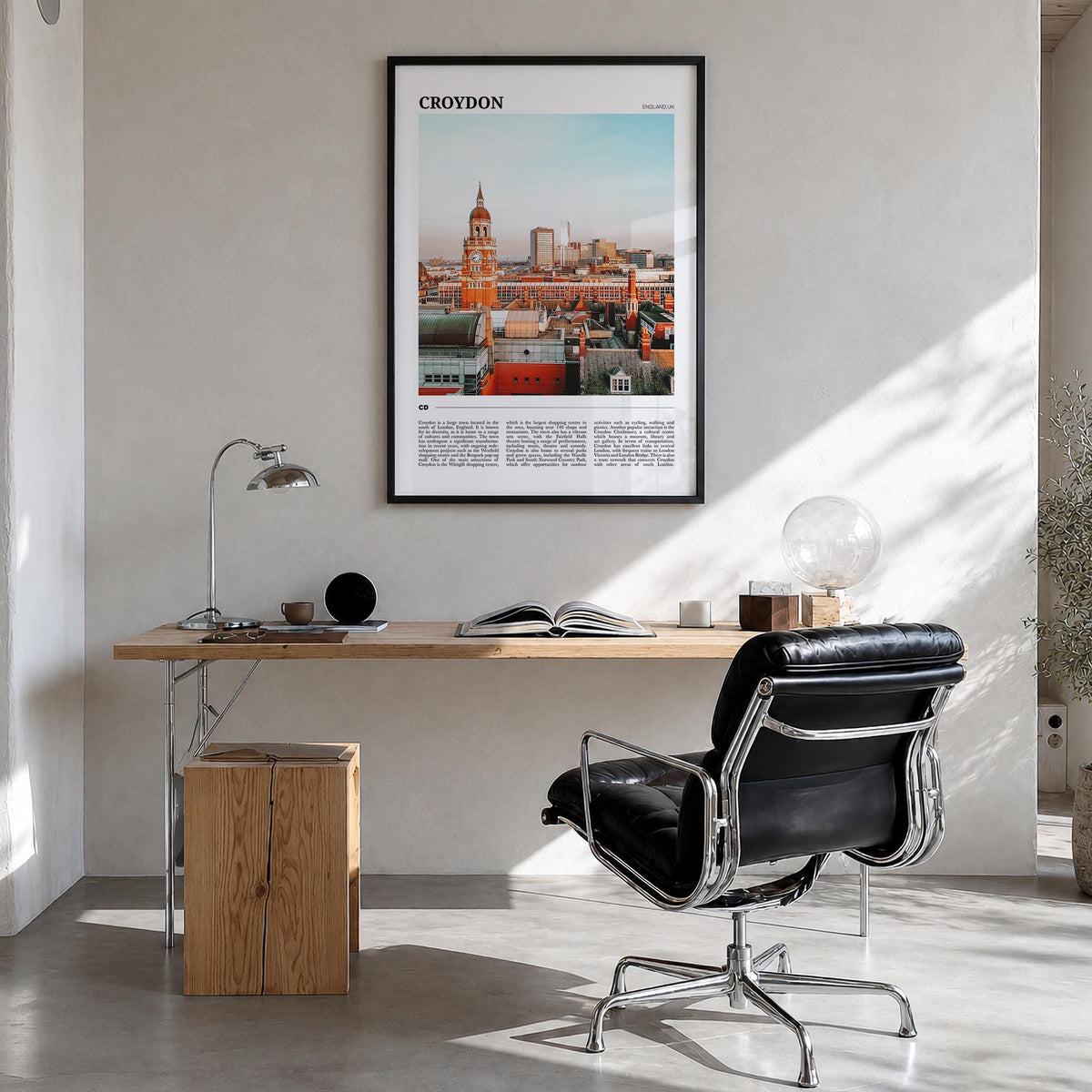 Croydon colorful travel poster of United Kingdom – vertical wall art in black wood frame, hanging on wall