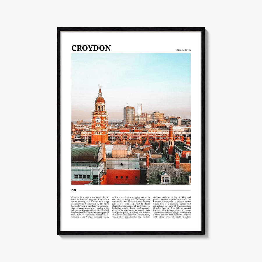 Croydon colorful travel poster of United Kingdom – vertical wall art, unframed print shown in interior mockup