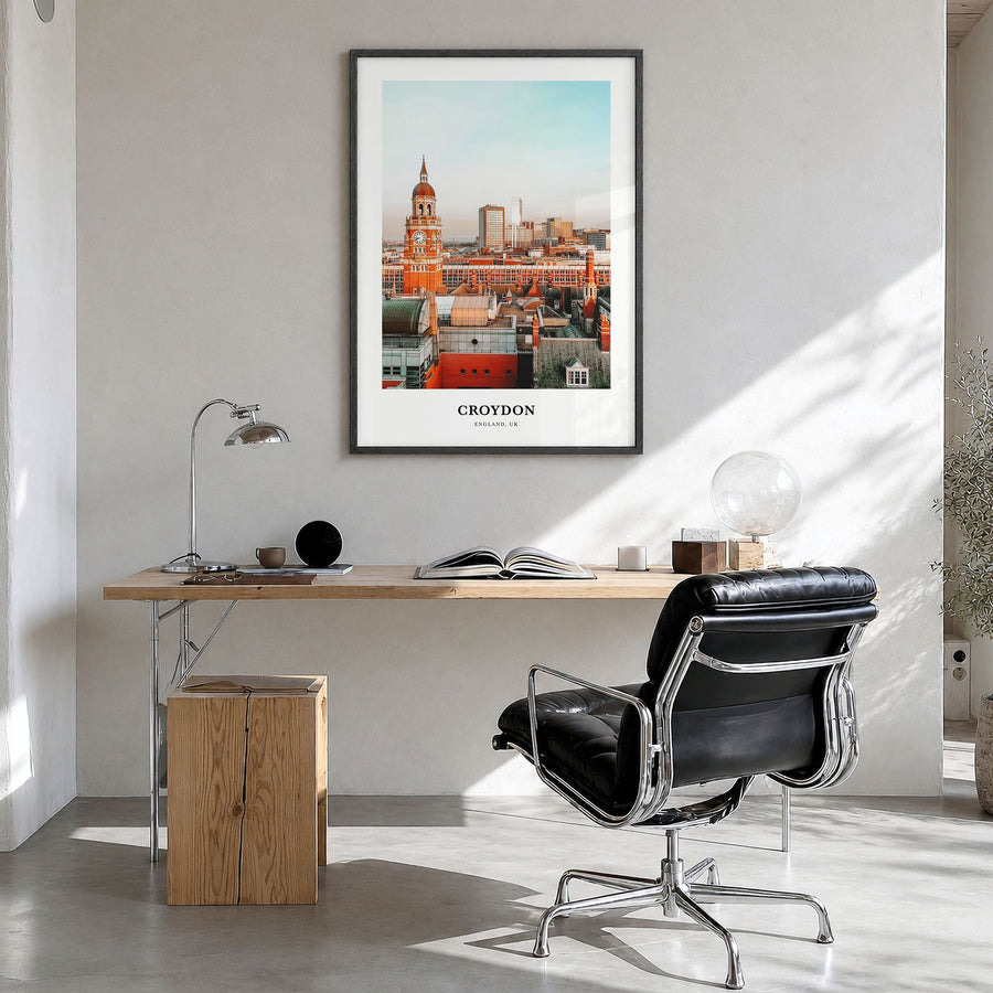 Croydon Classic Poster in a black wood frame, hanging in a bright home office