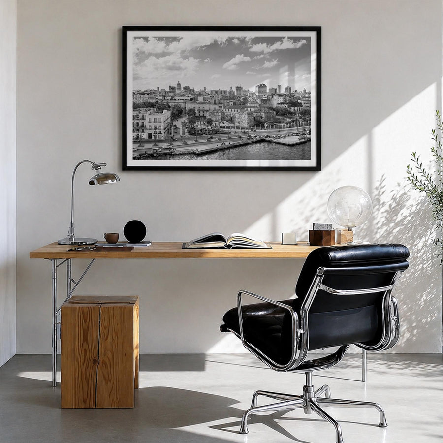 Cuba black & white photo poster of Caribbean – horizontal wall art in black wood frame with white border, hanging on wall