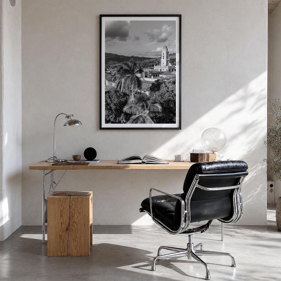 Cuba black & white photo poster of Caribbean – vertical wall art in black wood frame with white border, hanging on wall
