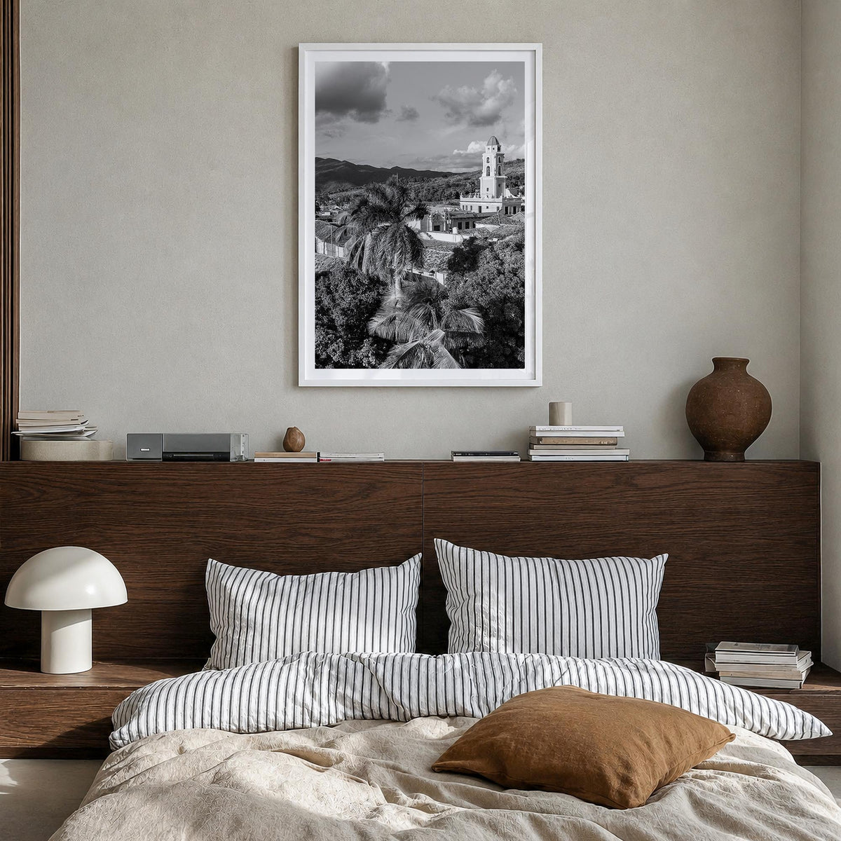 Cuba black & white photo poster of Caribbean – vertical wall art in white wood frame with white border, hanging on wall