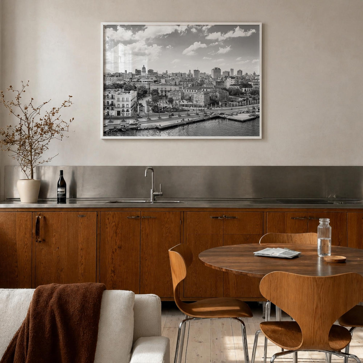 Cuba black & white photo poster of Caribbean – horizontal wall art in white wood frame, hanging on wall