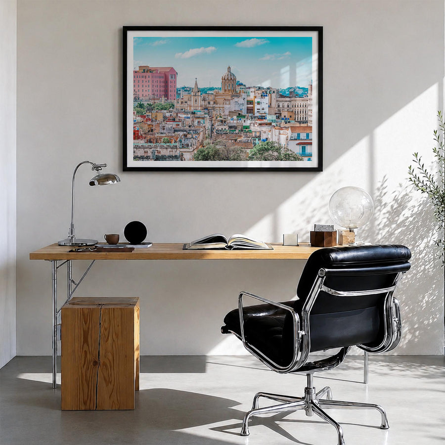 Cuba colorful photo poster of Caribbean – horizontal wall art in black wood frame with white border, hanging on wall