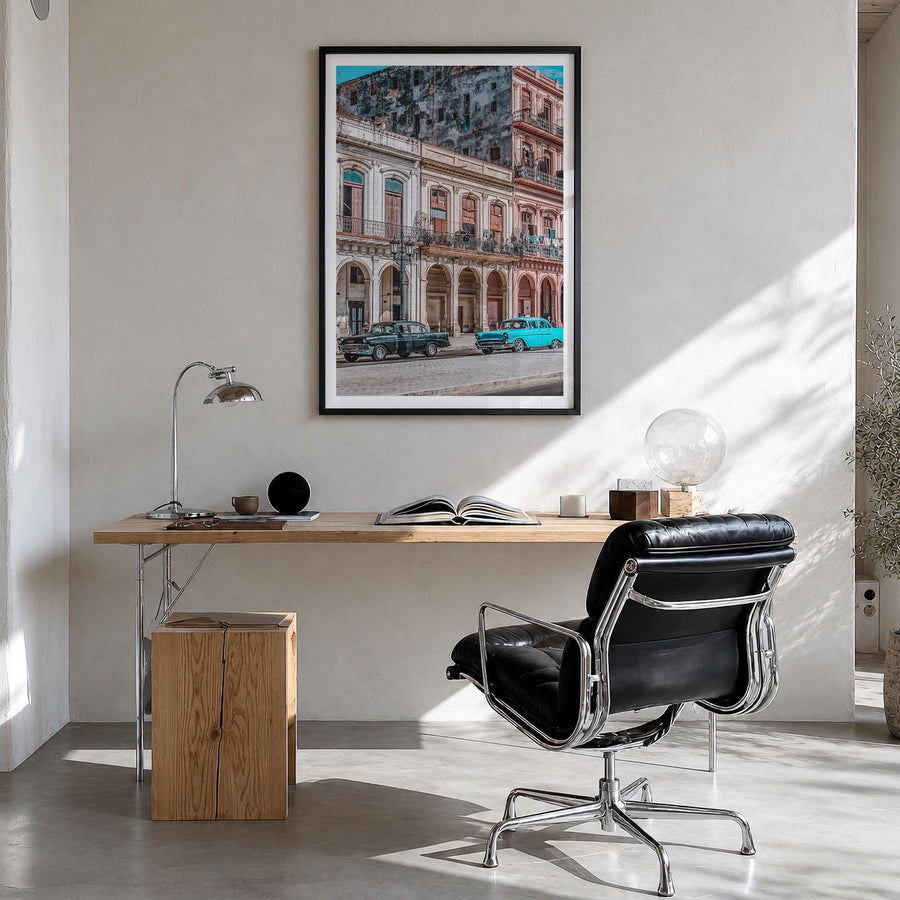 Cuba colorful photo poster of Caribbean – vertical wall art in black wood frame with white border, hanging on wall