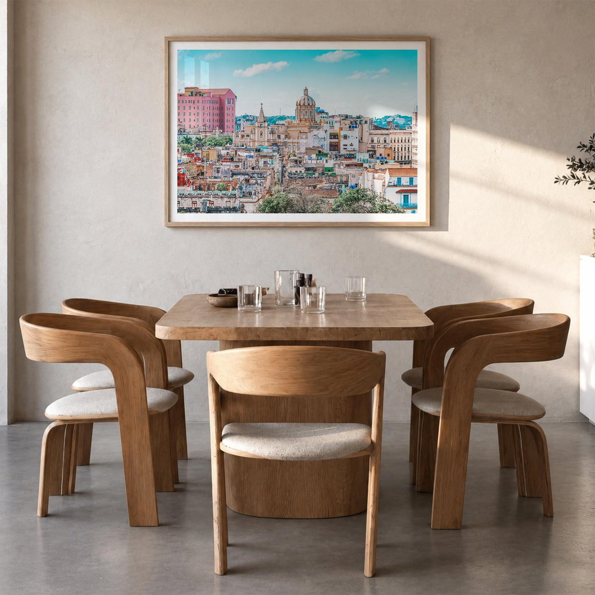 Cuba colorful photo poster of Caribbean – horizontal wall art in natural wood frame with white border, hanging on wall