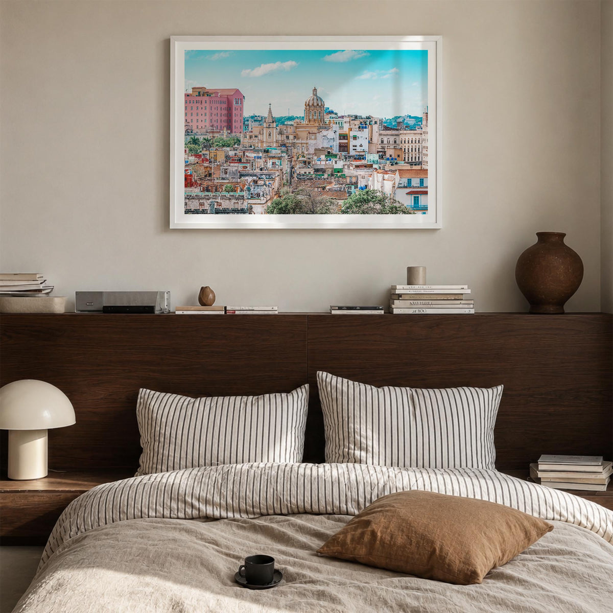 Cuba colorful photo poster of Caribbean – horizontal wall art in white wood frame with white border, hanging on wall