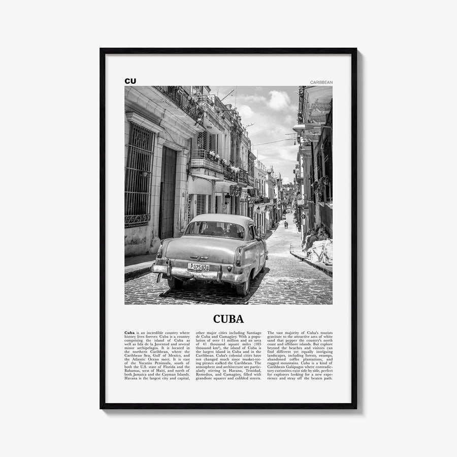 Cuba no. 1 black & white newspaper poster of Caribbean – vertical wall art, unframed print shown in interior mockup