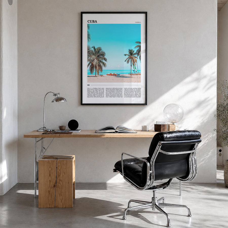 Cuba no. 1 colorful travel poster of Caribbean – vertical wall art in black wood frame, hanging on wall