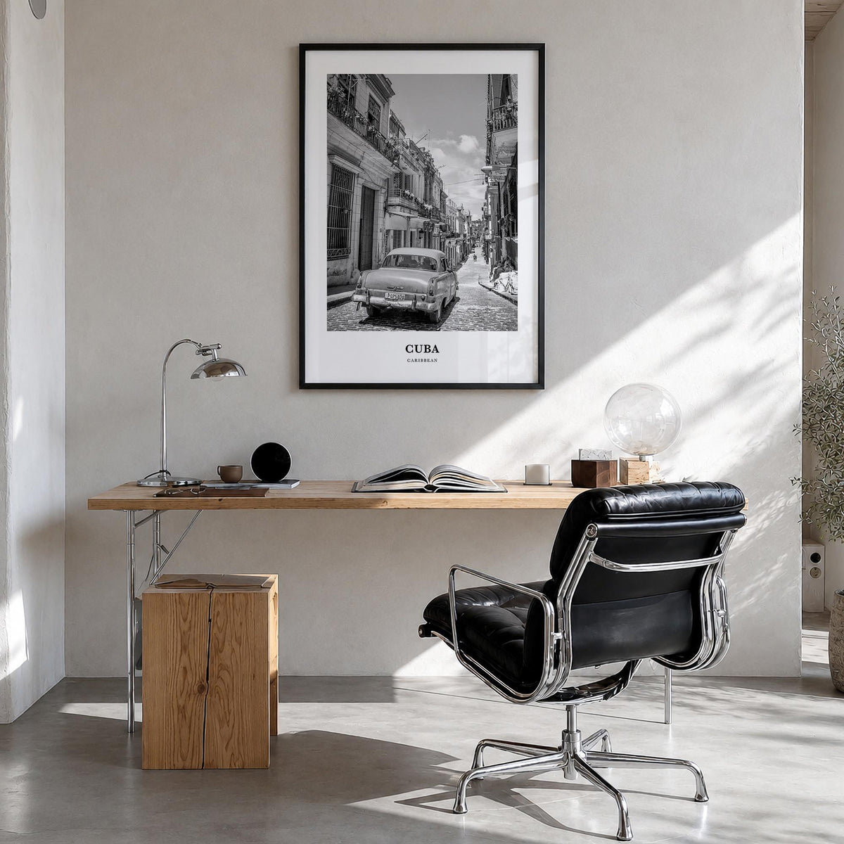 Cuba no. 2 black & white classic poster of Caribbean – vertical wall art in black wood frame, hanging on wall