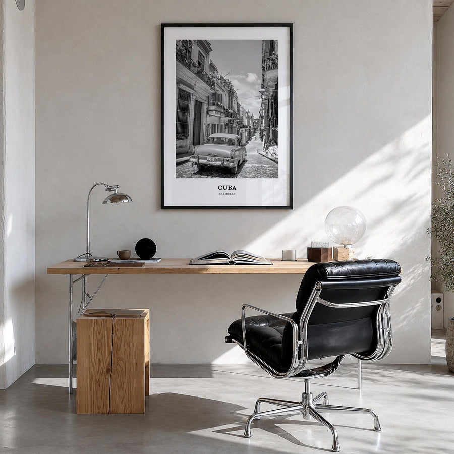 Cuba no. 2 black & white classic poster of Caribbean – vertical wall art in black wood frame, hanging on wall