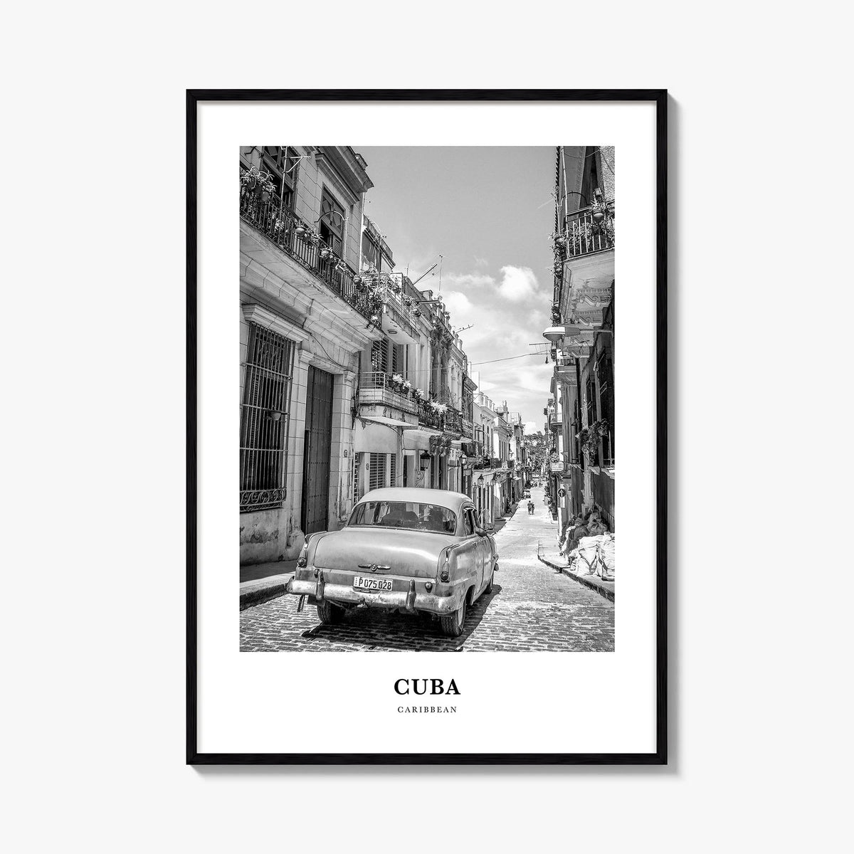Cuba no. 2 black & white classic poster of Caribbean – vertical wall art, unframed print shown in interior mockup