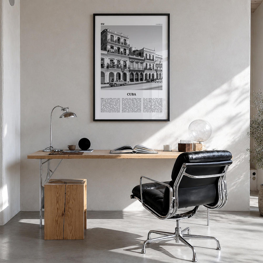 Cuba no. 2 black & white newspaper poster of Caribbean – vertical wall art in black wood frame, hanging on wall