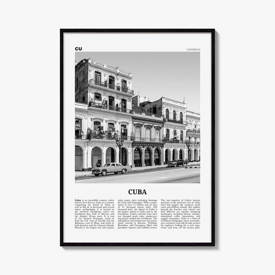 Cuba no. 2 black & white newspaper poster of Caribbean – vertical wall art, unframed print shown in interior mockup