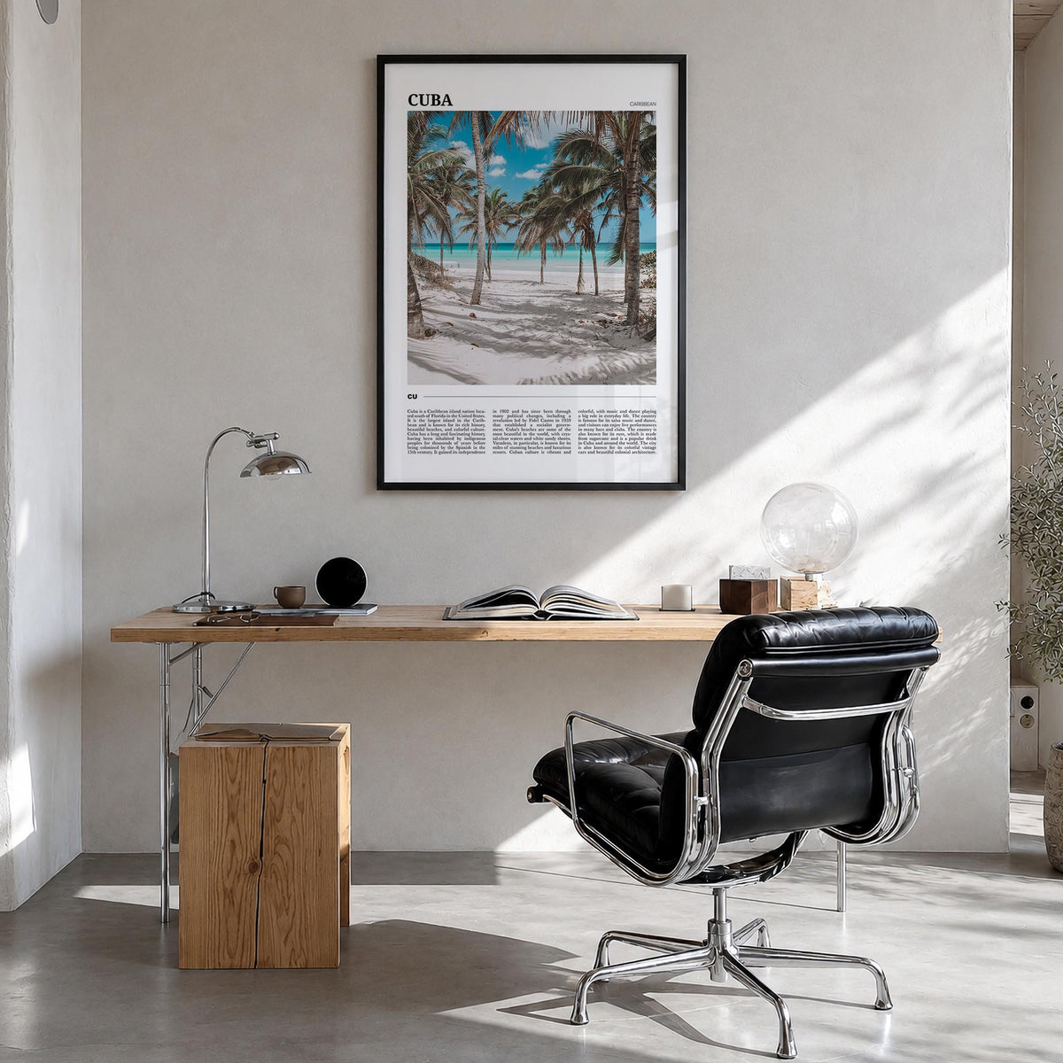Cuba no. 2 colorful travel poster of Caribbean – vertical wall art in black wood frame, hanging on wall