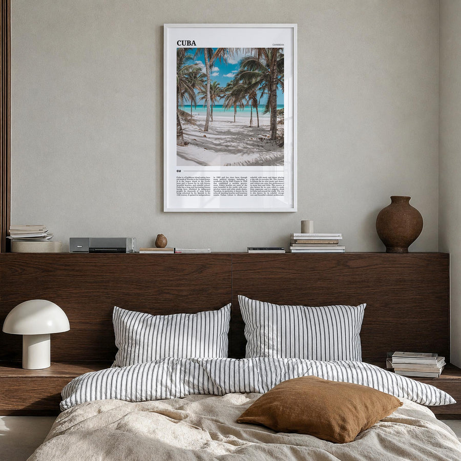 Cuba no. 2 colorful travel poster of Caribbean – vertical wall art in white wood frame, hanging on wall