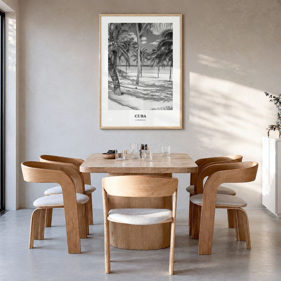 Cuba Classic No 1 Poster in a natural wood frame, hanging in a dining room