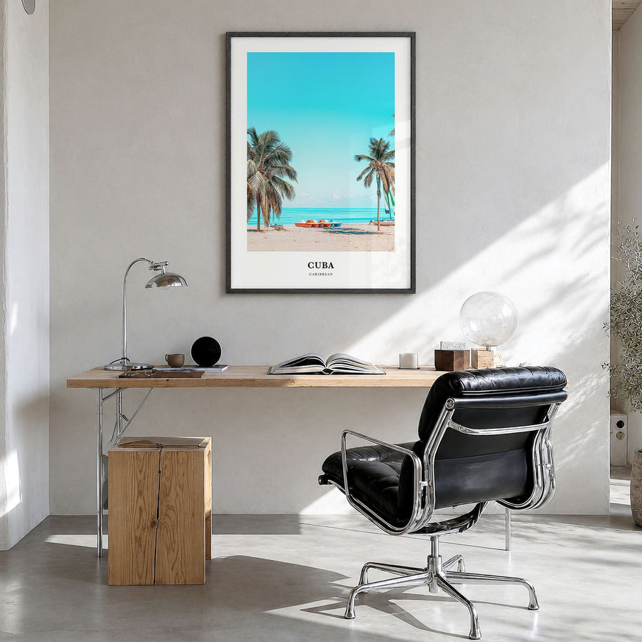 Cuba Classic No 1 Poster in a black wood frame, hanging in a bright home office