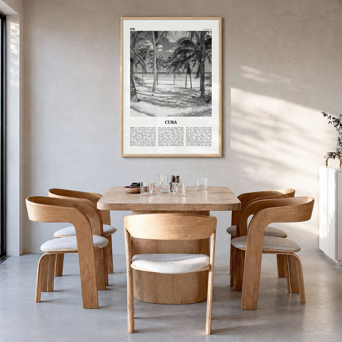 Cuba Newspaper No 3 Poster in a natural wood frame, hanging in a dining room