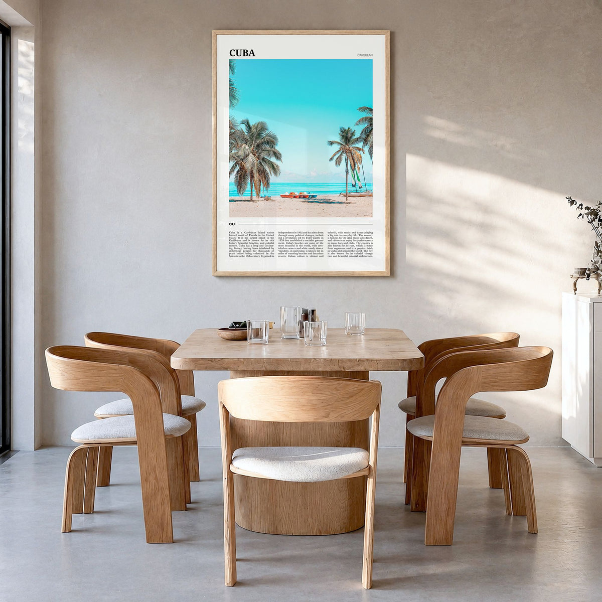 Cuba Travel No 1 Poster in a natural wood frame, hanging in a dining room