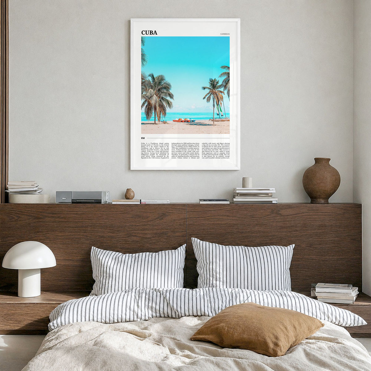 Cuba Travel No 1 Poster in a white wood frame, hanging in a bedroom