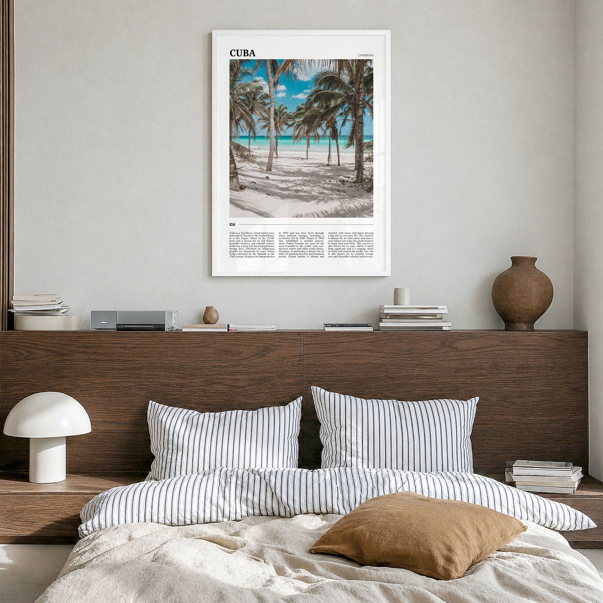 Cuba Travel No 2 Poster in a white wood frame, hanging in a bedroom