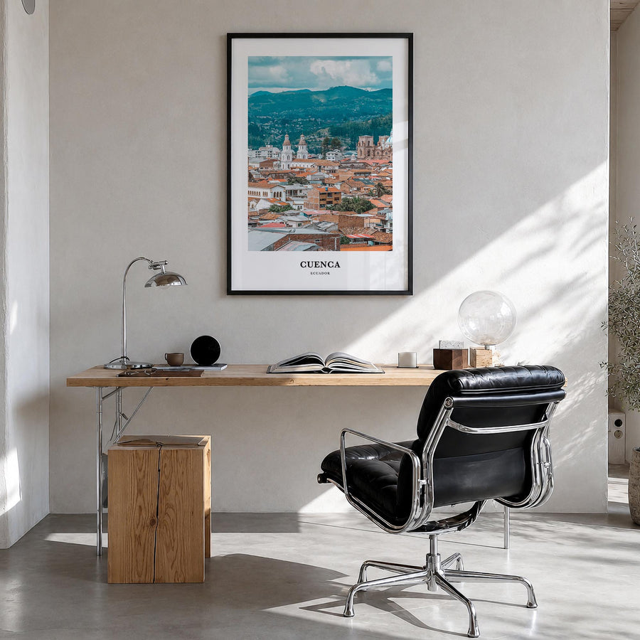 Cuenca, Ecuador colorful classic poster of Ecuador – vertical wall art in black wood frame, hanging on wall