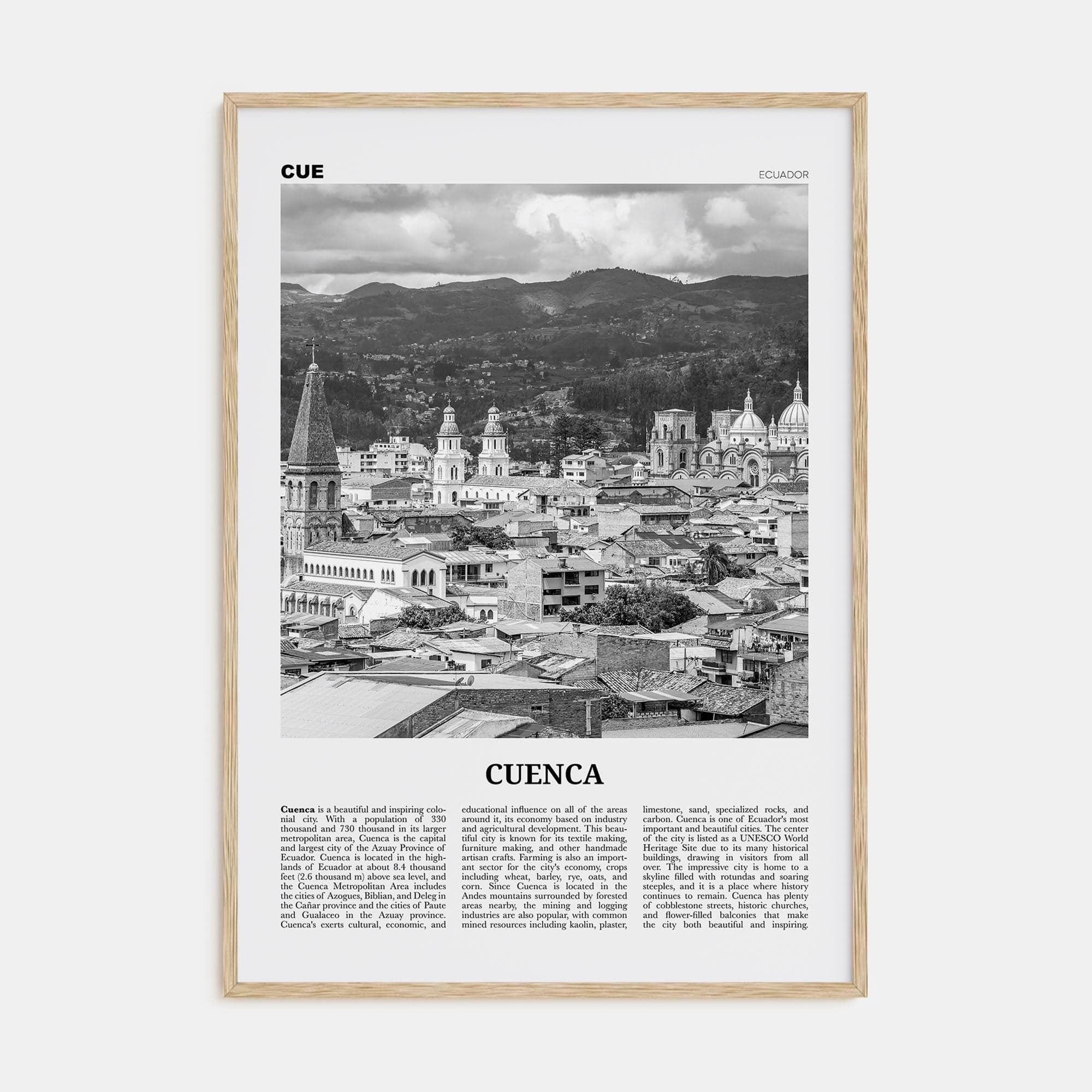 Cuenca, Ecuador Poster Natural Wood / 8x12 in Nbourhood Travel B&W Poster