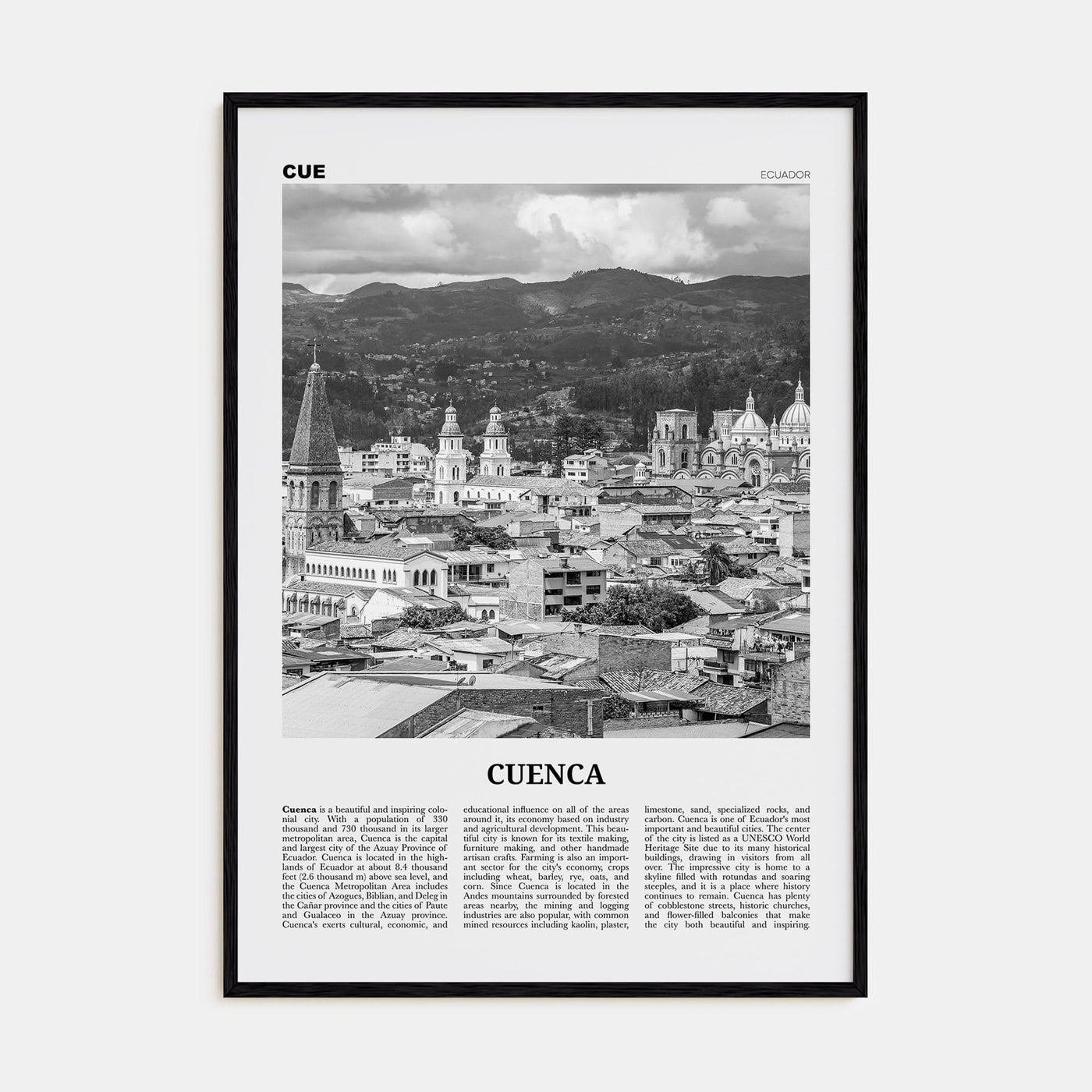 Cuenca, Ecuador Poster Black Wood / 8x12 in Nbourhood Travel B&W Poster