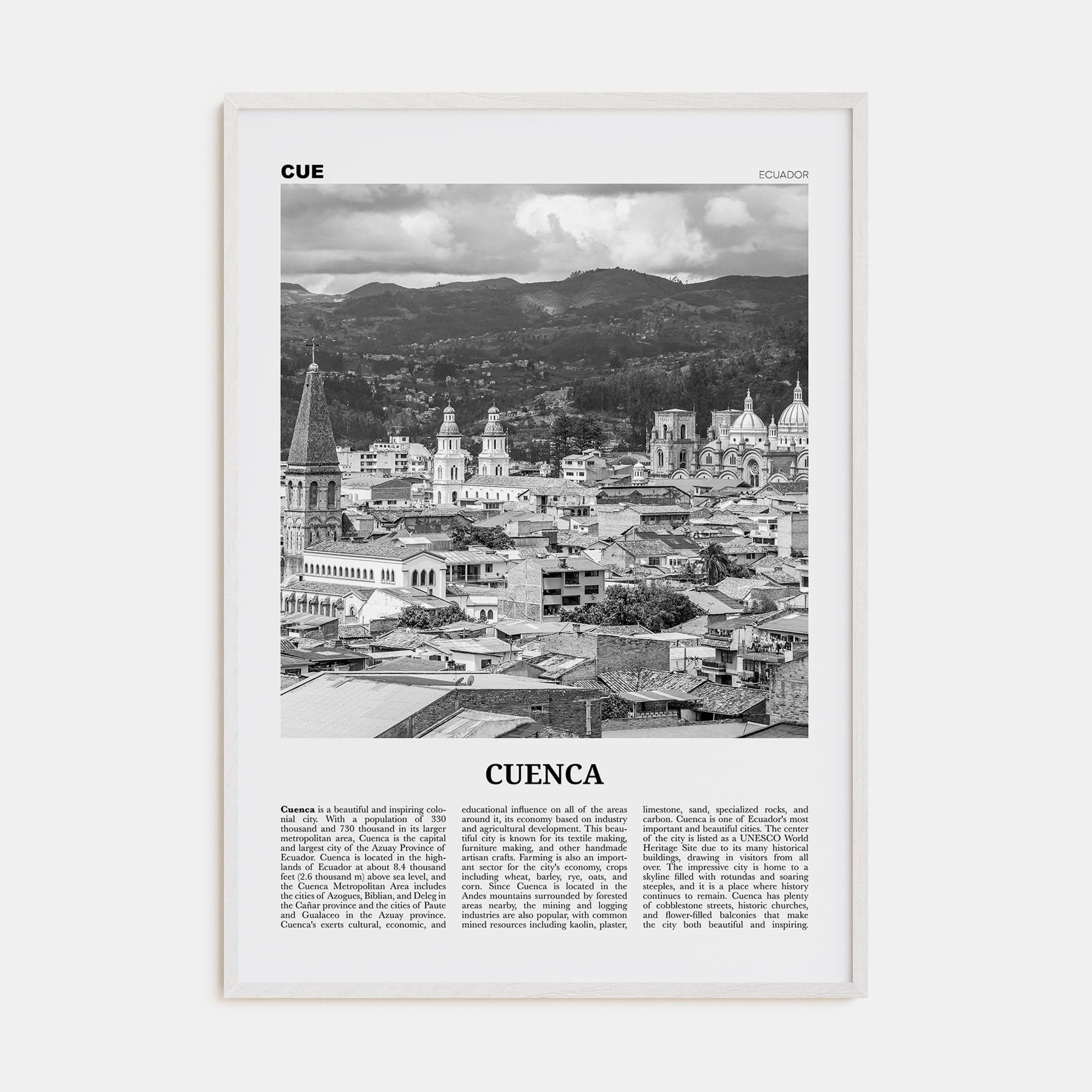 Cuenca, Ecuador Poster White Wood / 8x12 in Nbourhood Travel B&W Poster