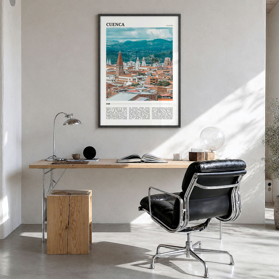 Cuenca, Ecuador Travel Poster in a black wood frame, hanging in a bright home office