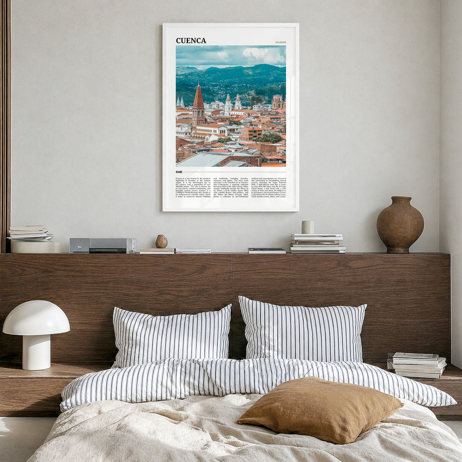 Cuenca, Ecuador Travel Poster in a white wood frame, hanging in a bedroom