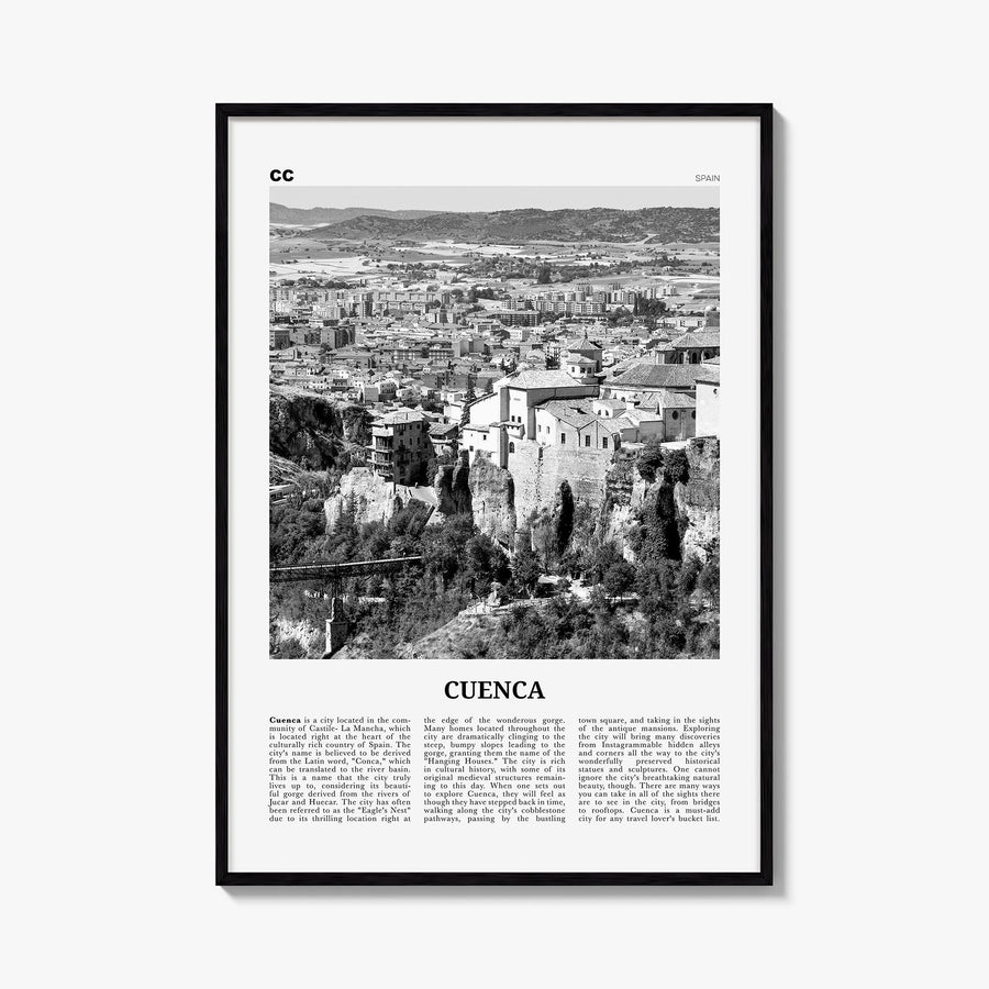 Cuenca, Spain black & white newspaper poster of Spain – vertical wall art, unframed print shown in interior mockup