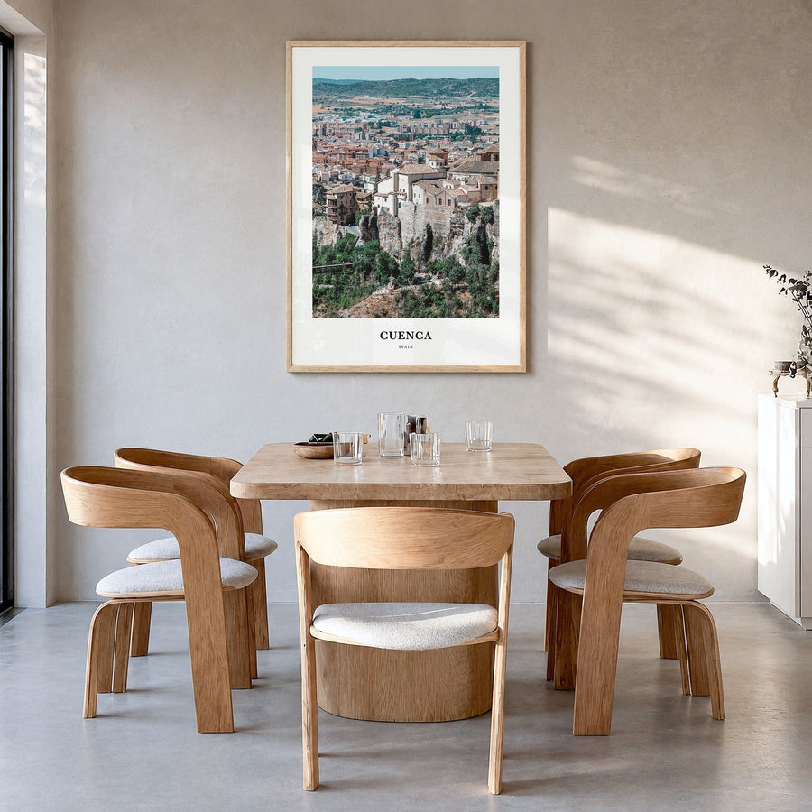 Cuenca, Spain Classic Poster in a natural wood frame, hanging in a dining room