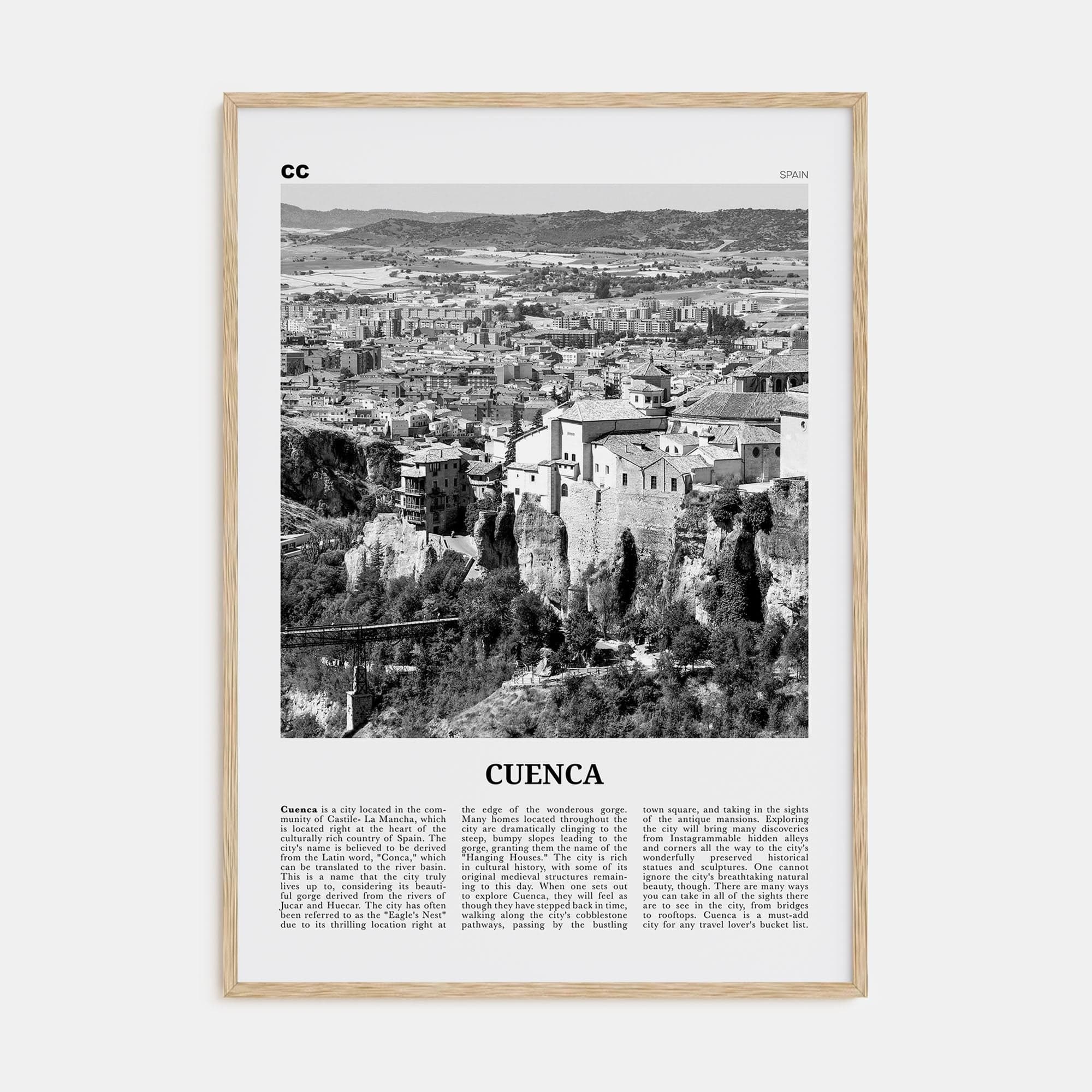 Cuenca, Spain Poster Natural Wood / 8x12 in Nbourhood Travel B&W Poster