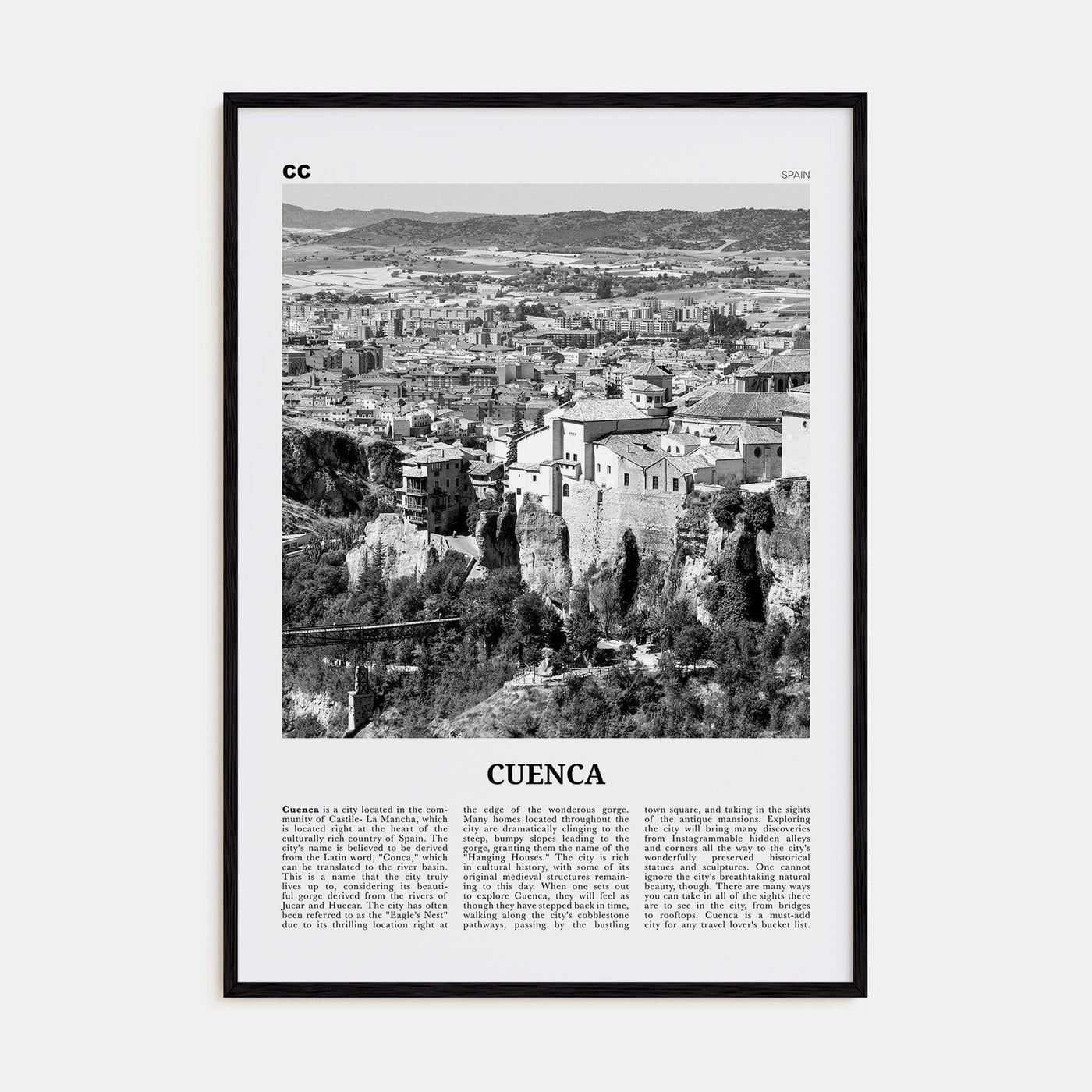 Cuenca, Spain Poster Black Wood / 8x12 in Nbourhood Travel B&W Poster