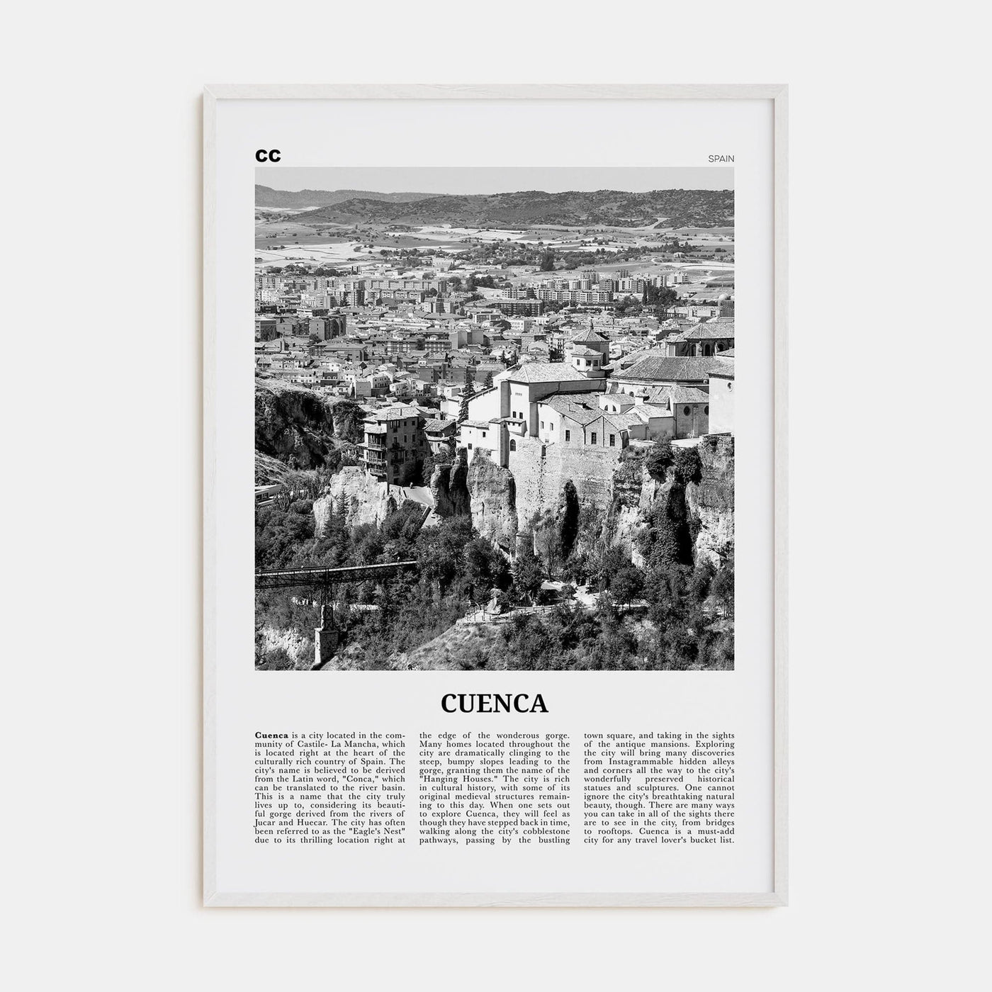 Cuenca, Spain Poster White Wood / 8x12 in Nbourhood Travel B&W Poster