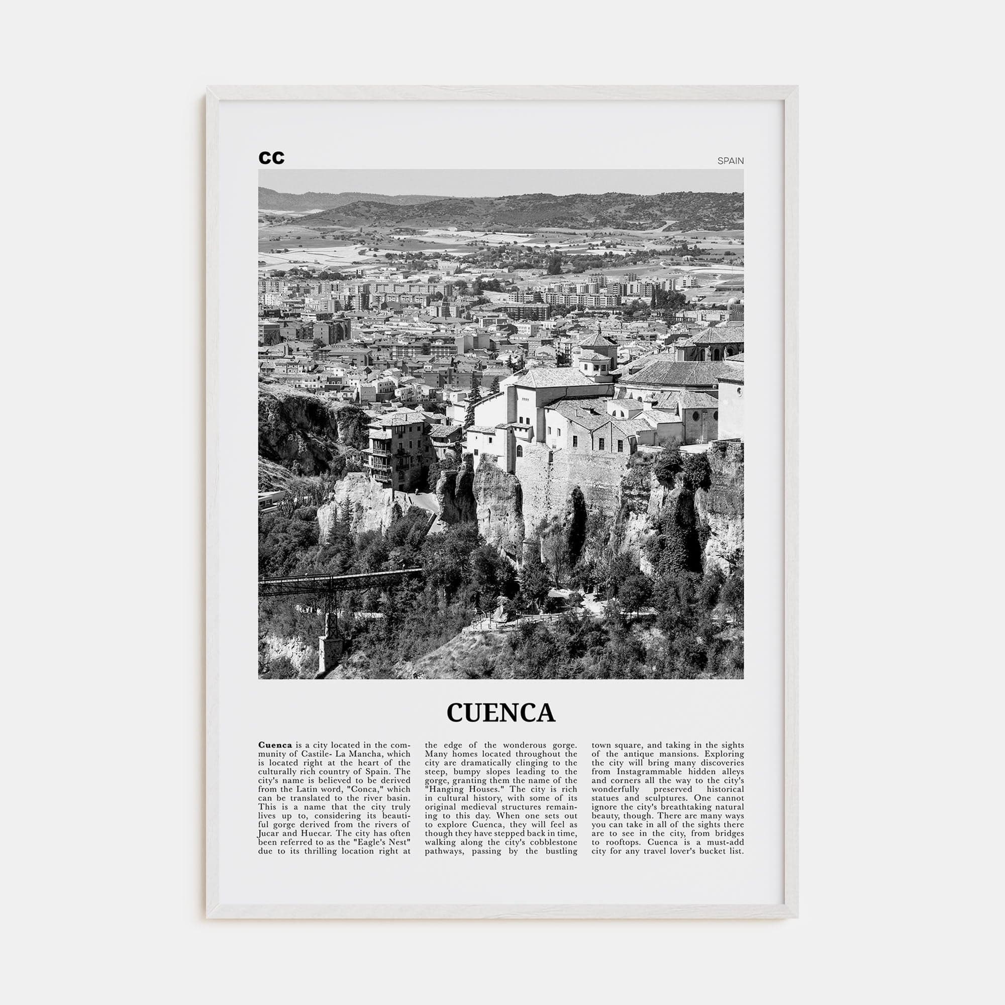 Cuenca, Spain Poster White Wood / 8x12 in Nbourhood Travel B&W Poster