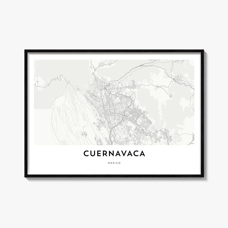 Cuernavaca black & white map poster of Mexico – horizontal wall art, unframed print shown in interior mockup