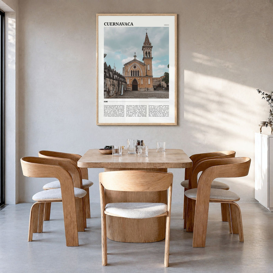 Cuernavaca Travel Poster in a natural wood frame, hanging in a dining room