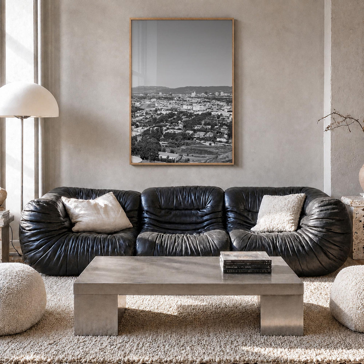 Culver City black & white photo poster of California, USA – vertical wall art in natural wood frame, hanging on wall
